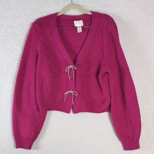 H&M Women's Pink Magenta Coquette Bowtie‎ Cropped Sweater Size M